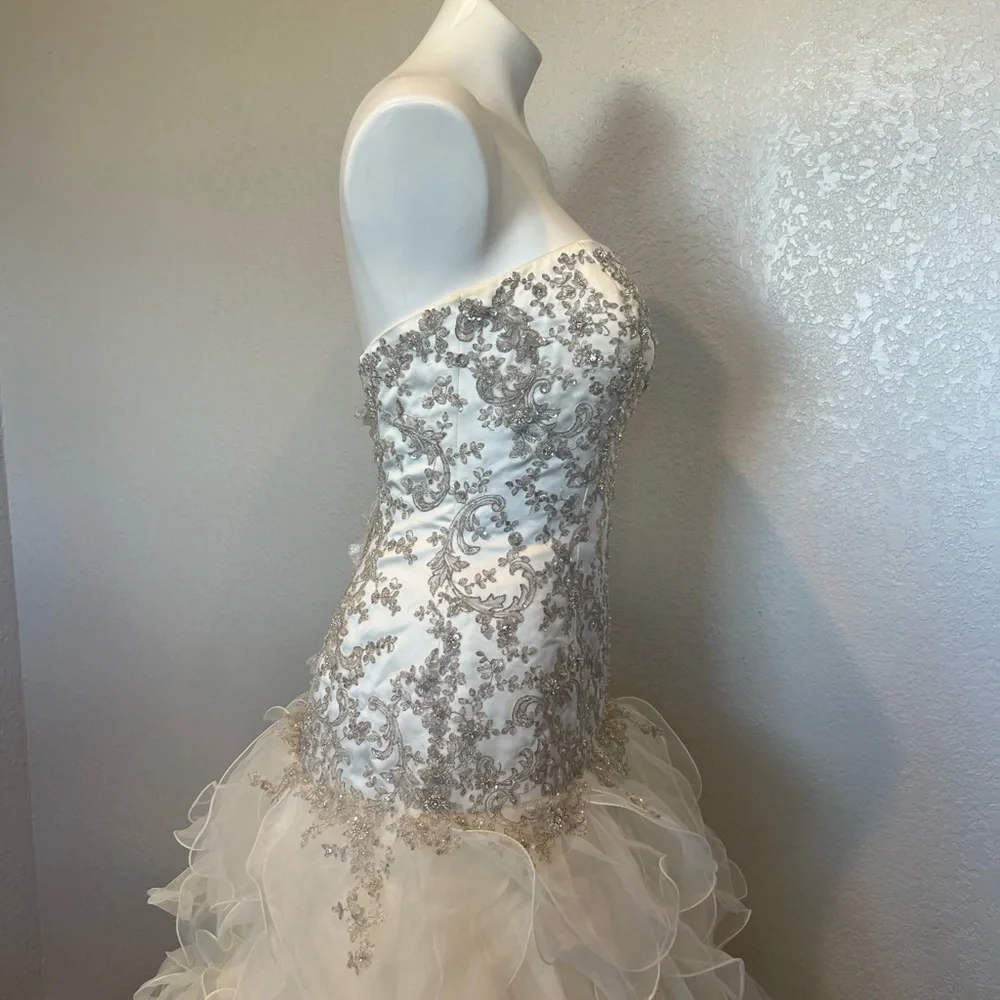 Oleg Cassini Organza Drop Waist Beaded Wedding Dress - Picture 6 of 12